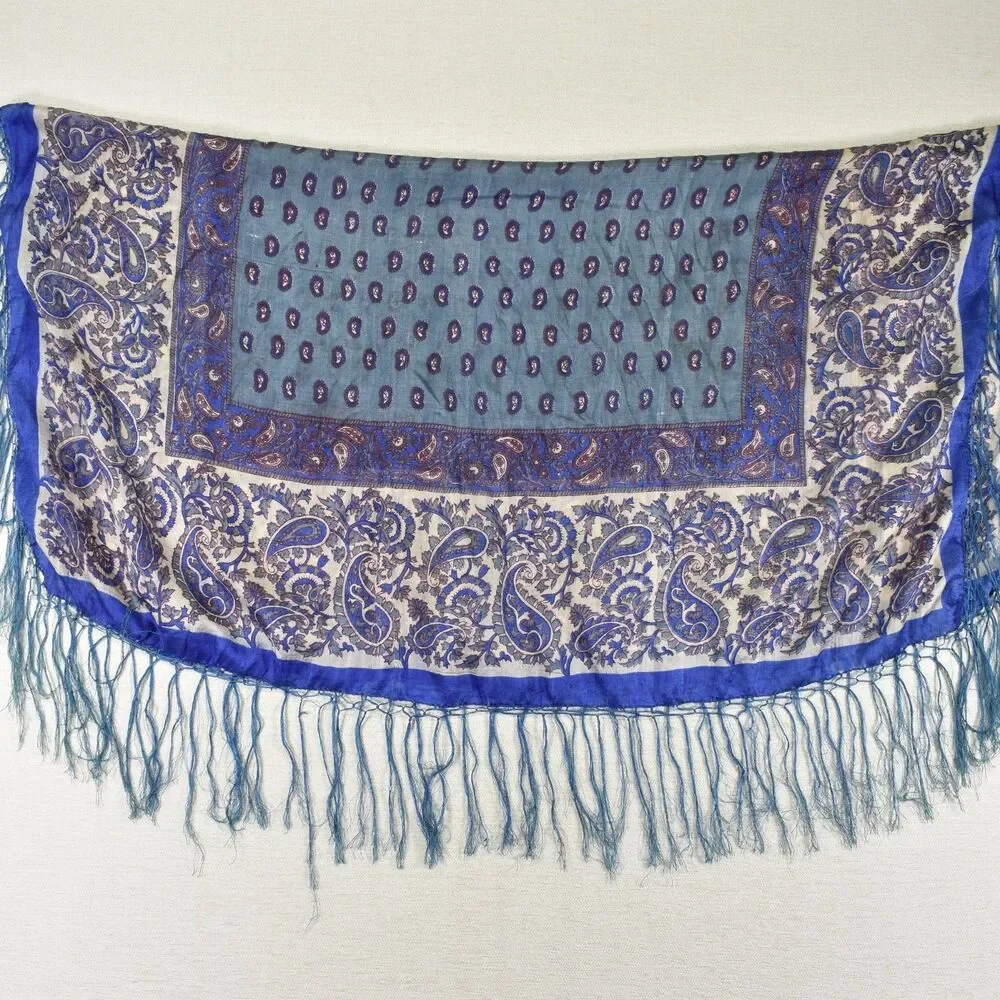 VTG Made in India 100% Silk Square Scarf Blue Paisley Fringe Wrap Shawl 40x40